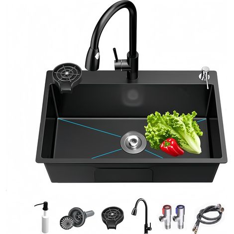 Évier de cuisine utilitaire à trois trous en acier inoxydable noir 80 x 50 cm, évier simple à bac unique avec distributeur de savon, robinet, convient pour la cuisine, le bar et l'extérieur (1/5)