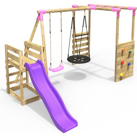 Rebo Wooden Children's Swing Set with Monkey Bars plus Deck & 6ft Slide - Double Swing - Satellite Pink (1/5)