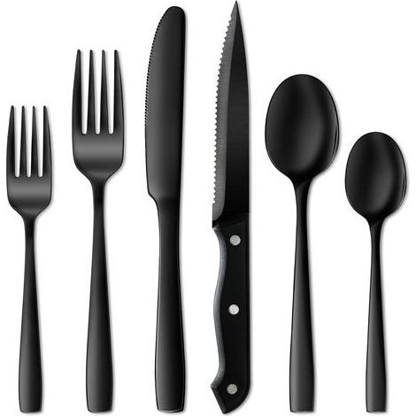 Schwarzes Besteckset – 24-teilig aus lebensmittelechtem Edelstahl – für 4 Personen – Gabeln, Messer, Löffel – Hochglanzpoliert – Spülmaschinenfest (1/5)