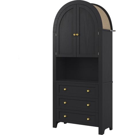 ELVMI Credenza Alta da Cucina con 2 Ante, 3 Cassetti e Vano Aperto per Cucina e Soggiorno in MDF 70 × 35 × 180 cm Nero (1/5)