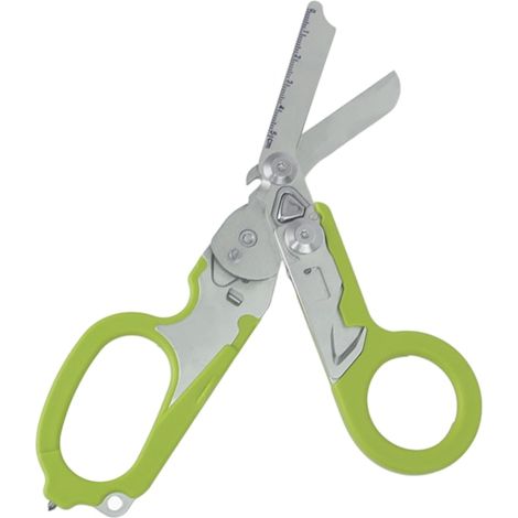 Ciseaux d'intervention d'urgence en acier inoxydable, multifonctionnels et pliables, pour le camping et les secours en extérieur (vert). (1/5)