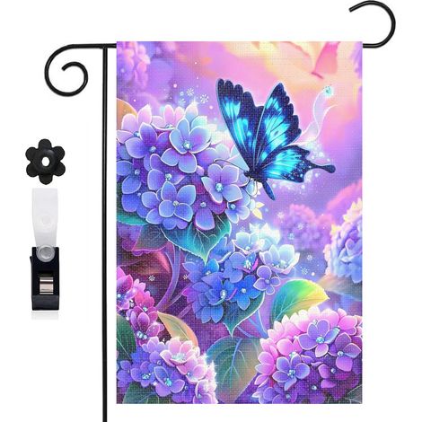 Drapeau de jardin décoratif 30 x 45 cm motif hortensias et papillon volant toile double face (1/5)