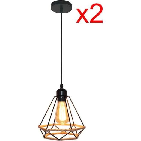 2PCS Lustre Plafonnier en Cage Corde de Chanvre Lampe Suspension Industrielle Métalpour Salon Chambre (1/4)