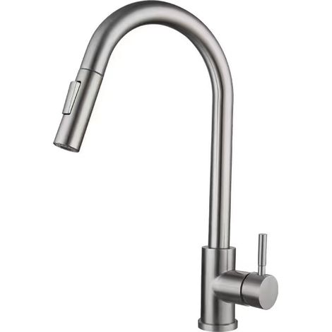 Cross-border trade stainless steel pull-out kitchen faucet, hot and cold water universal telescopic faucet for vegetable sinks and dishwashers -- brushed single-line pull-out