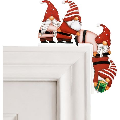Lot de 2 déco cadre de porte Noël, gnome bois, autocollants ronds, angle 90 degrés, sans perçage (1/5)