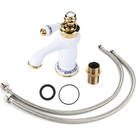 SJLERST Rétro Mitigeur Robinet de Lavabo, Laiton & Céramique Évier, Bleu Et Blanc en Porcelaine À Long Cou Vintage Floral avec l'entrée d'eau Froide/Chaude Cuisine Salle de Bain(Blanc)