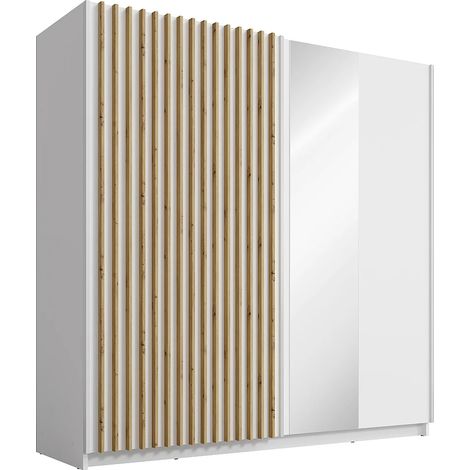 Armadio 2 ante scorrevoli Con specchio L200 cm Bianco e Naturale - TINDANIA (1/5)