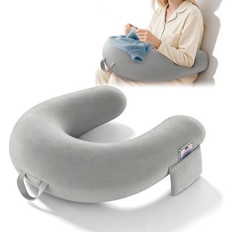 Coussin De Jeu Et De Lecture: Oreiller De Soutien à Bras En Forme De U Avec Poche Latérale, Coussins Ergonomique Pour Tricoter, Coussin De Bureau Pour Lit Et Canapé Pour Lire, Jouer, Crocheter (1/5)
