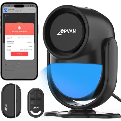 Alarme Maison sans Fil, 2.4GHz WiFi PIR Détecteur de Mouvement avec Alertes APP, PIR Alarme Hôte + 1 Télécommande + 1 Capteur de Porte/Fenêtre,Noir (1/5)