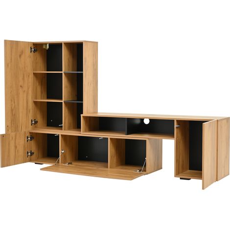 Ensemble meuble TV modulable avec vitrine, couleur bois et noir, longueur ajustable jusqu'à 265 cm (1/5)
