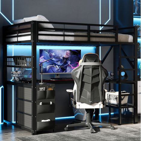 Cama alta 90x200 cm con escritorio, 3 cajones, compartimento de almacenaje y LED, ahorra espacio, metal negro (1/5)