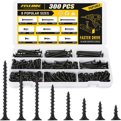 Coffret de 300 vis pour bois et plaques de plâtre, vis placo autotaraudeuses noires à tête trompette cruciforme, acier au carbone classe 4.8, assortiment de 8 tailles, boîte de rangement (1/4)