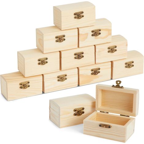 Coffres au trésor décoratifs miniatures en bois brut - 8,9 x 5,6 x 5 cm - Marron - Lot de 10 - Modèle de coffre - Coffre au trésor en bois à peindre (1/4)