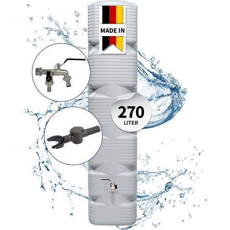 4rain QUADRO Regentonne Wandtank Komplett-Set 270 Liter betongrau inkl. Chrom-Doppelauslaufhahn und Fallrohranschluss (1/5)