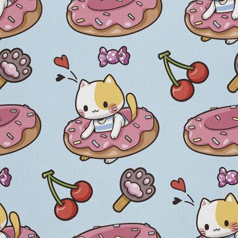 Tela decorativa para exteriores estilo oxford con estampado de gatito en una rosquilla. (1/5)