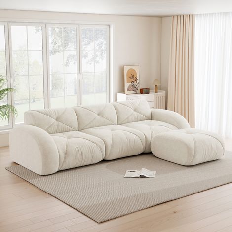 Sofá modular rinconero de 3 plazas en chenilla beige claro, con puf, sin montaje (1/5)