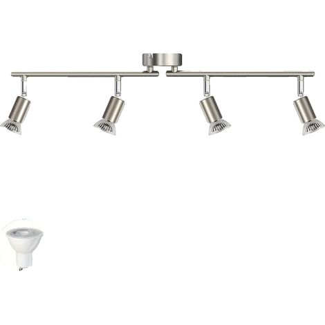 Foco de techo, 4 cabezales ajustables, iluminación LED regulable, bombilla no incluida, color plata. (1/2)