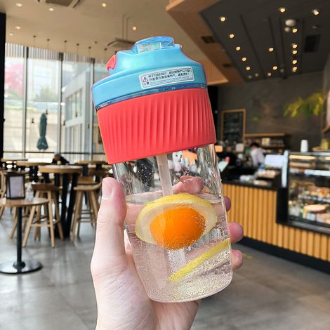 Tasse à eau avec paille, tasse en plastique, étanche, résistante à la chaleur, anti-brûlure, tasse à café(bleu clair + rouge vif grand) (1/5)