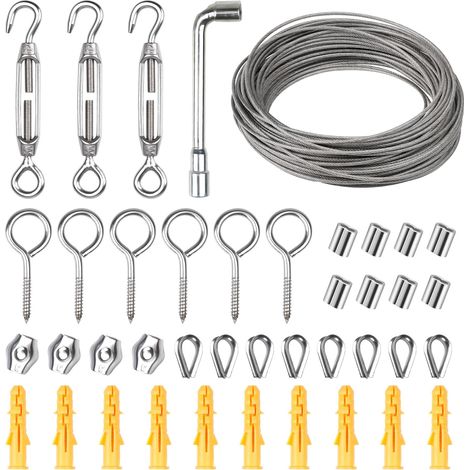 Kit de pergola de jardin de 20 m, clôture robuste à suspendre, kit de 40 câbles métalliques, kit de câbles en acier inoxydable, colliers de serrage en métal, manchons, crochets, tendeur de fil (1/5)