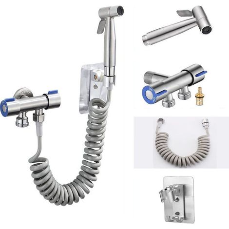 WC-Sprühpistolen-Set (Sprühpistole + 1,5 m Schlauch + bohrfreie Basis + Eckventil mit Zwei-Wege-Steuerung) silber (1/5)
