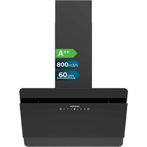 Cecotec Hotte aspirante décorative 60cm - Bolero Flux DT 608000 Verre Noir A++. Moteur 210W, faible consommation d'énergie, aspiration 800m3/h, Contrôle tactile, 3 niveaux + Booster, contrôle des mouv
