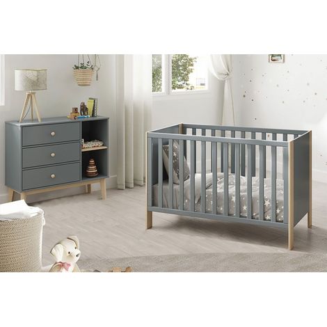 KAINA - Pack Lit Bébé 60x120cm + Commode 3 Tiroirs Coloris Gris et Naturel (1/5)