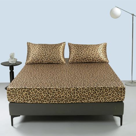 Drap-housse en satin 90 x 200 cm - Doré - Motif léopard - Soie brillante - Convient pour matelas jusqu'à 25 cm (1/5)