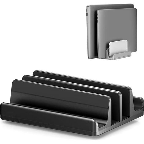 Support vertical pour ordinateur portable, double support en aluminium avec deux emplacements réglables, noir (1/5)