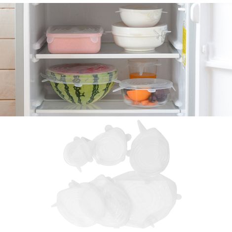 Lot de 6 couvercles extensibles et réutilisables pour la fermeture hermétique des fruits et légumes, blancs. (1/5)