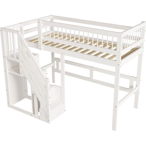 Lit cabane enfant 90 x 200 avec escalier de rangement, blanc (1/5)