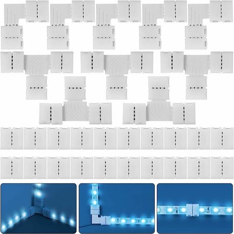 Kit completo de 30 conectores para tiras LED RGB, adaptador de extensión sin soldadura de 4 pines y 10 mm compatible con tiras LED SMD 5050, 20 conectores sin espacio, 5 conectores en L y 5 conectores