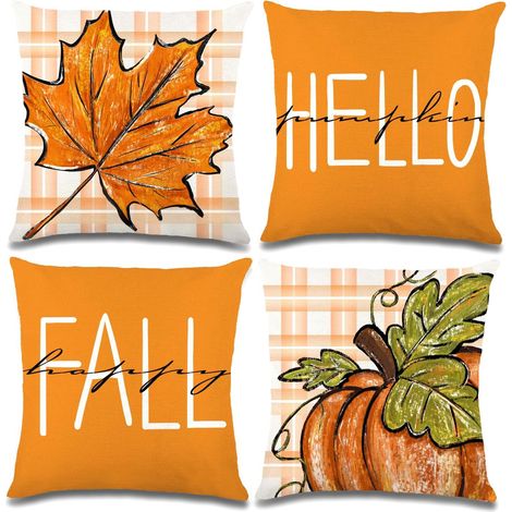 Juego de 4 fundas de cojín con estampado de calabazas y hojas de arce, de poliéster, con cremallera invisible, para sofá y sillón. (1/5)