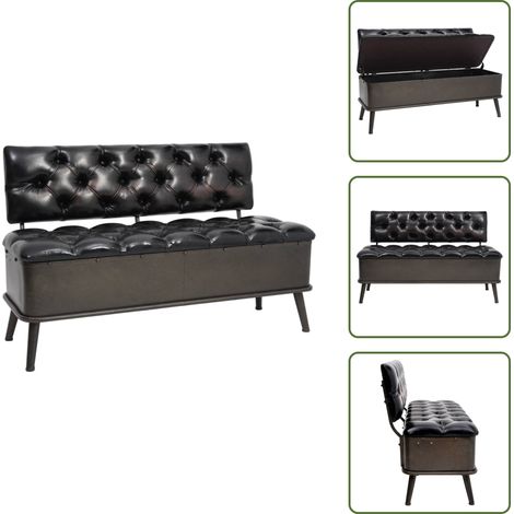 Sitzbank mit Stauraum und Rückenlehne 110cm Schwarz Kunstleder - Vintage Möbel - Aufbewahrungsbank - Wohnzimmer Deko - Garderobe - Schuhschrank