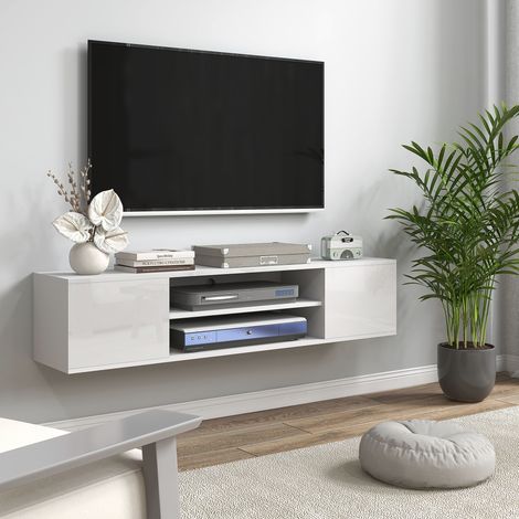Meuble banc TV mural suspendu style contemporain, 2 placards 2 niches centrales 2 passe-câbles, 140x30x30cm, blanc