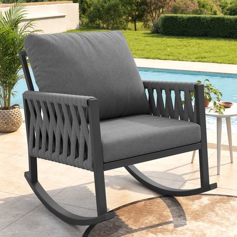 Sedie a dondolo da giardino, in metallo e corda intrecciata, con cuscini, struttura resistente alle intemperie, grigia (1/5)