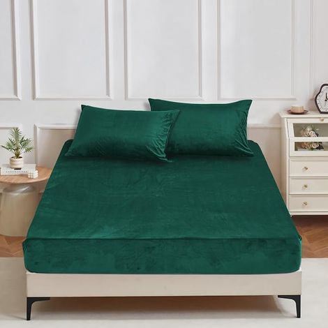 Drap Housse 140x190 Hiver Polaire Vert Foncé Bonnet 30 cm (1/4)