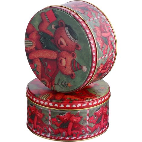 2 pièces Boîte Biscuits Fer Boîte Bonbon Ronde Scellée Portable Légère pour Confiseries et Friandises Cadeau Noël (1/5)