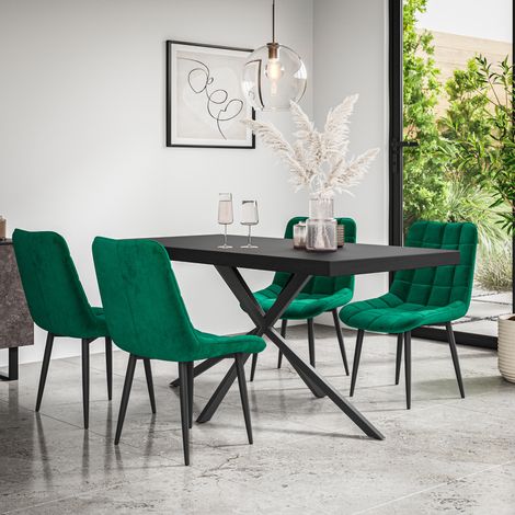 Donni Dining Table And Chairs - Black Table Top w Black Legs + Nova Velvet Dining Chair Set Of 4 (Green) (1/5)