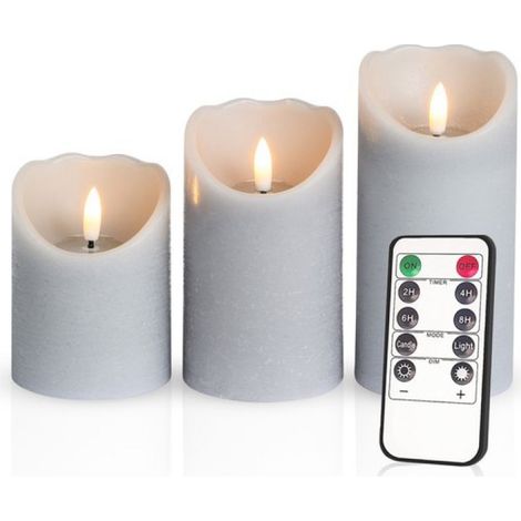 – Lot de 3 bougies piliers LED rustiques – Gris velours – Bougies piliers en cire véritable – Bougies LED – Hauteur : 10 / 12,5 / 15 cm – Télécommande incluse – Minuterie 2/4/6/8 heures – Intensité ré