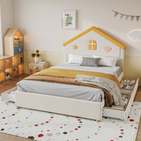 Lit enfant 140/200 cm beige avec 4 tiroirs et tête de lit maison en velours (1/5)
