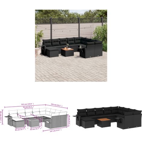 11-tlg. Garten-Sofagarnitur mit Kissen Schwarz Poly Rattan - Gartenmöbel Set - PE-Rattan Möbel - Outdoor Lounge - Esszimmergarnitur - Balkonmöbel - Home & Living (1/3)