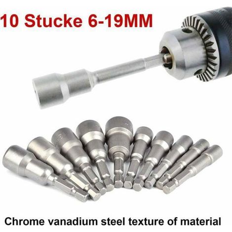 Adaptateur Douille Visseuse - - 10 Pièces - Acier au Chrome Vanadium - 6-19mm - Hexagonal (1/4)