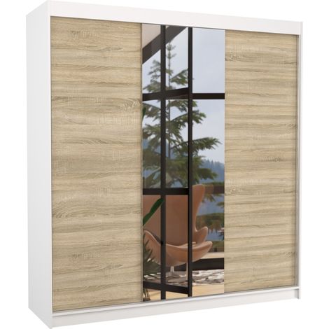 Armoire chambre adulte 2 portes coulissantes bois et miroir ZAFA 200cm-Blanc/Naturel (1/5)