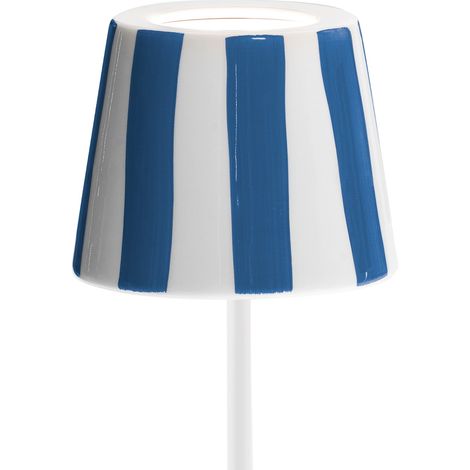 Lampada a led da tavolo Poldina Lido a righe blu ricaricabile e dimmerabile con batteria fino a 12 ore. Per uso esterno IP65