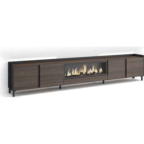 Skraut Home - Meuble TV, Banc Télé, Grand espace de Rangement, 315x35x61cm, Pour les TV jusqu'à 80", Cheminée électrique XXL, Design industriel, LED, Style moderne, Chêne foncé et Noir (1/5)