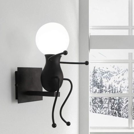 Applique Murale Interieur E27 Créatifs Petit Gens Fer Lampe de Mur pour Bar Chambre à Coucher Cuisine Restaurant Café Couloir,Noir (1/4)
