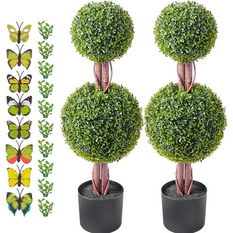Arbre topiaire artificiel en buis, 90 cm (2 pièces), double boule, plantes fausses avec feuilles supplémentaires, pot et décoration incluse, résistant UV, pour intérieur/extérieur. (1/5)