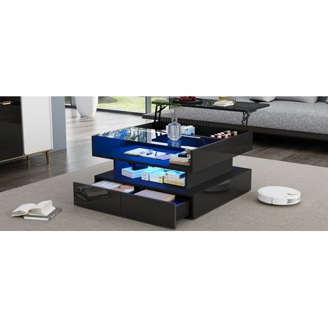 Table basse relevable 80 x 80 x 45 cm avec rangement caché et 2 tiroirs, table de salon avec LED, finition brillante, en verre trempé, noire (1/5)