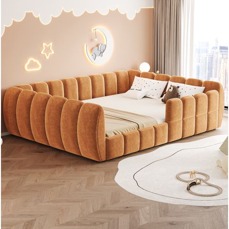 Cama infantil a ras de suelo de 140x200 cm, acolchada, diseño cerrado con esquinas redondeadas, estructura estable, terciopelo - naranja (1/5)