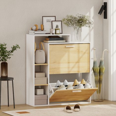 Meuble à chaussures mobile avec 2 tiroirs rabattables et étagères, Blanc et Bois Naturel. (1/5)